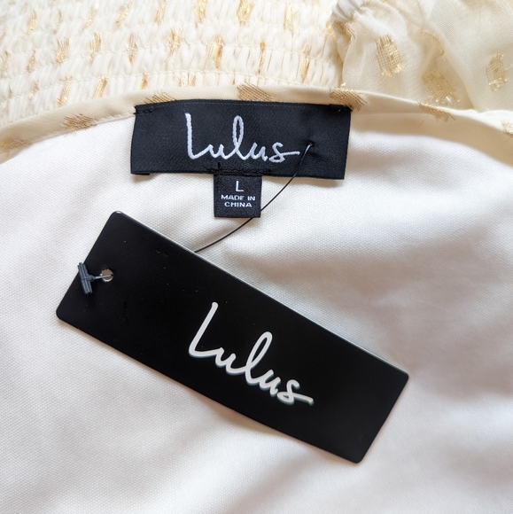 LULU'S All The Cheers Cream and Gold Dotted Smocked Mini Dress Size Large - Picture 9 of 13